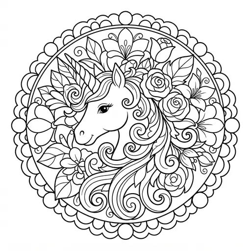 Mandala Coloring Page for Adults — Unicorn with a Swirling Floral Mane