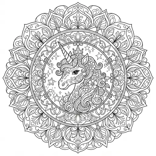 Mandala Coloring Page for Adults — Unicorn in Flowers
