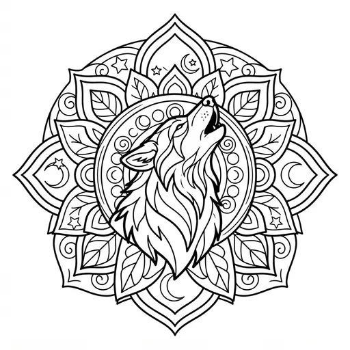 Animal Mandala Coloring Page for Adults — Howling Wolf