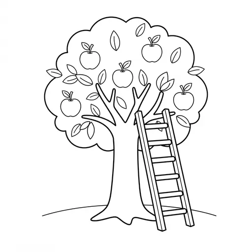 Tree Coloring Page — With a Wooden Ladder Lean Against It