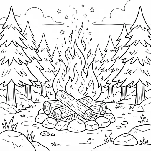 Fire Coloring Page for Adults — In The Woods With Pine Trees