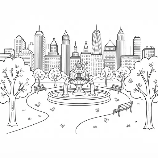 Park Coloring Page for Adults — Fountain And Skyline View
