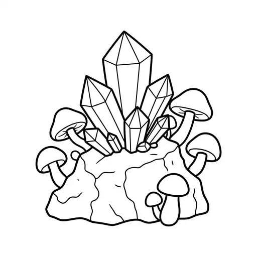 Crystal Coloring Page — Growing With Mushrooms on Rock