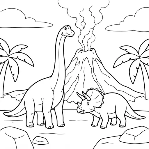 Volcano Coloring Page — Brachiosaurus and Triceratops by Volcano