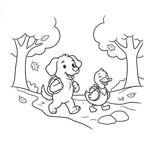 Hiking Coloring Page — Dog and Duck on Forest Trail