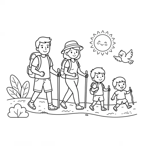 Hiking Coloring Page — Family With Backpacks Walking Along a Path