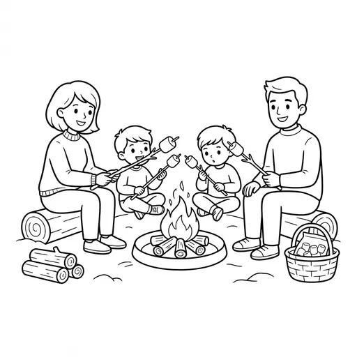 Fire Coloring Page — Family Toasting Marshmallows Together