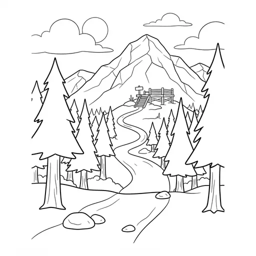Hiking Coloring Page for Adults — Hiking Trail Through a Pine Forest to a Lookout