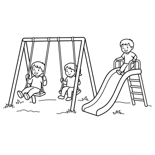 Park Coloring Page — Playing on Swings and Slide