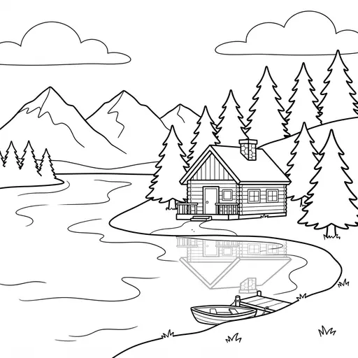 Mountain Coloring Page — Cabin by a Lake