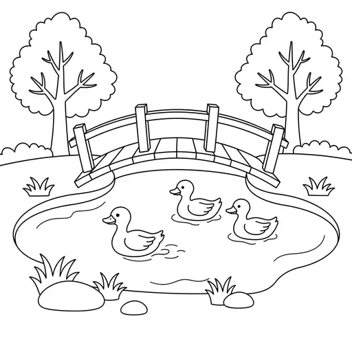 Park Coloring Page — Swiming in Pond Under Bridge