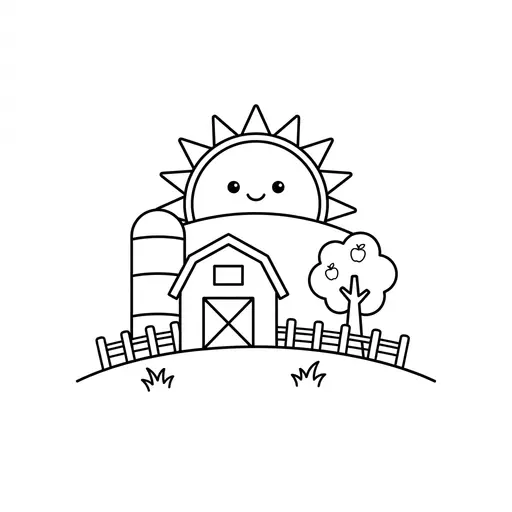 Sun Coloring Page — Cute Sunrise and Barn