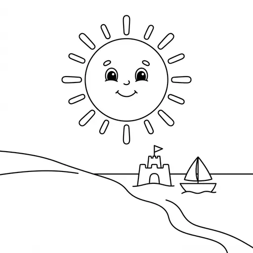 Sun Coloring Page — Shining Over a Beach