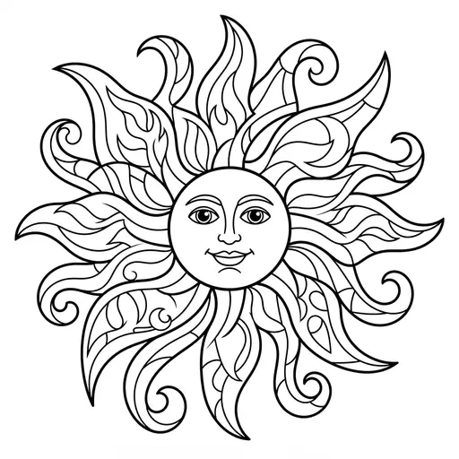 Sun Coloring Page for Adults — Face With Swirls and Flames