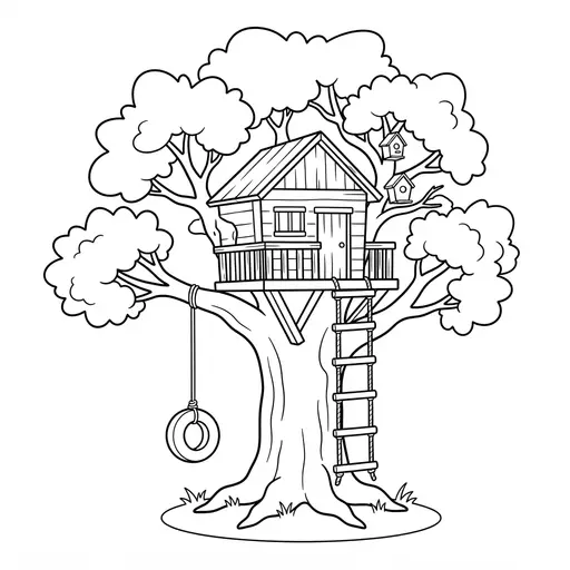 Tree Coloring Page — With Rope Ladder and Tire Swing