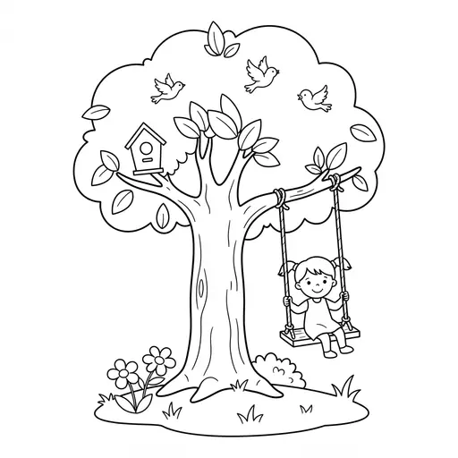 Tree Coloring Page — With Swing and Birds