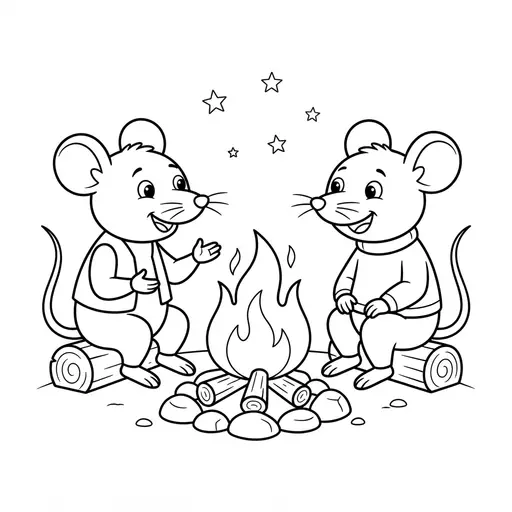 Campfire Coloring Page — Two Mice Sitting Around A Campfire