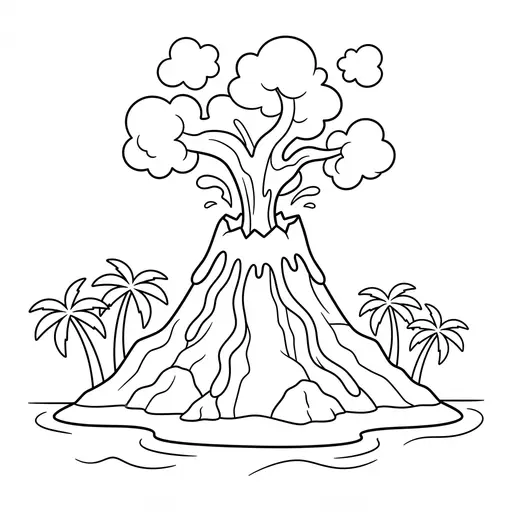 Volcano Coloring Page — Erupting on a Tropical Island