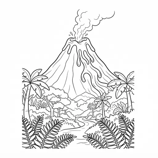Volcano Coloring Page for Adults — Erupting Over a Jungle