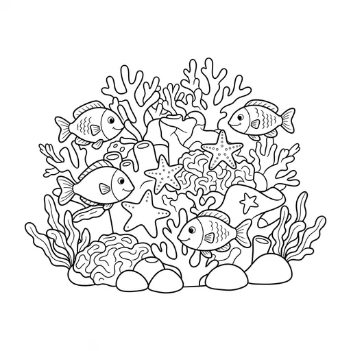 Coral Reef Coloring Page — Fish and Sea Stars