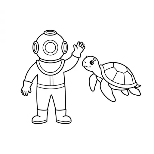 Diver Coloring Page — Waving At a Turtle