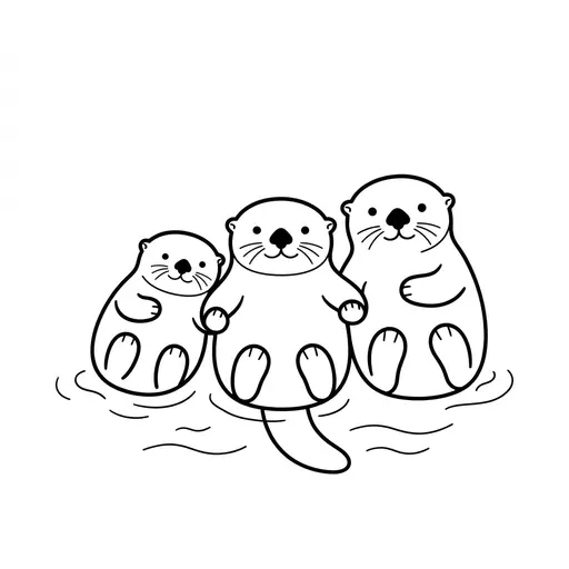 Otter Coloring Page — Family Floating and Holding Hands