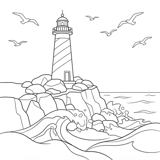 Lighthouse Coloring Page for Adults — On a Rocky Cliff with Seagulls