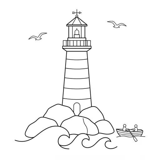 Lighthouse Coloring Page — On Rocky Outcrop With Boat