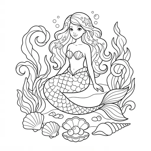Mermaid Coloring Page for Adults — Surrounded by Shells and Kelp