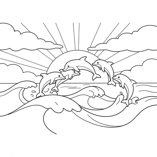Dolphin Coloring Page for Adults — Jumping Over Ocean Waves