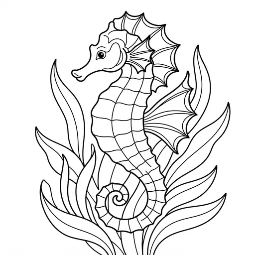 Seahorse Coloring Page for Adults — Ornate Fins and Curling Tail