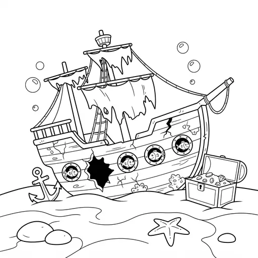 Pirate Ship Coloring Page — Sunken Ship With Treasure Chest