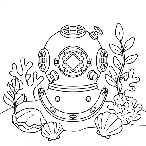 Diving Helmet Coloring Page for Adults — Surrounded by Shells and Coral