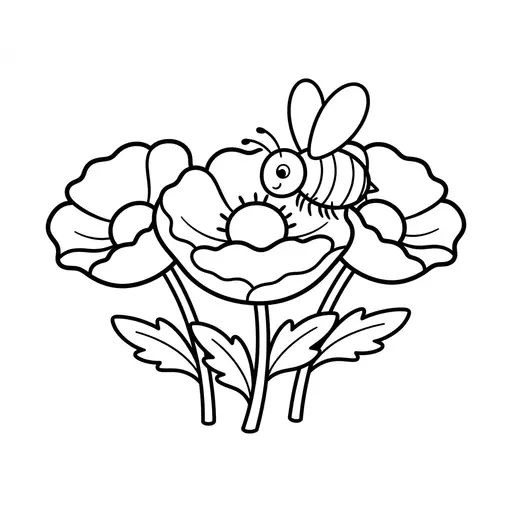 Poppy Coloring Page — Bee Visiting Poppy Flowers