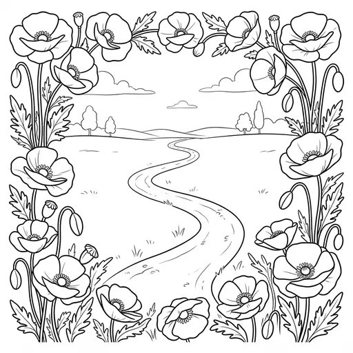 Poppy Coloring Page for Adults — Border of Flowers Around a Winding Path
