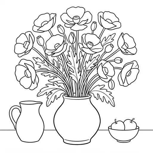 Poppy Coloring Page — Bouquet in a Vase with Fruit and Pitcher
