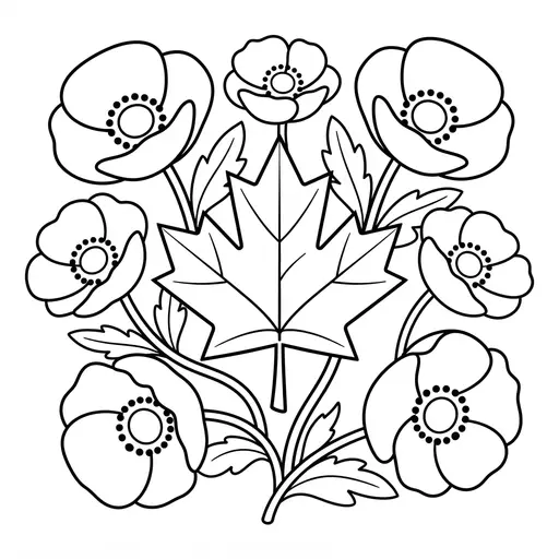 Remembrance Day Coloring Page — Maple Leaf and Poppies