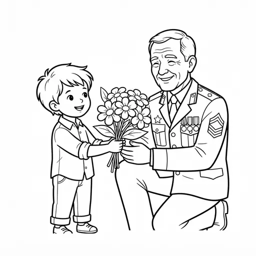Veterans Day Coloring Page — Child Giving Flowers To A Smiling Veteran