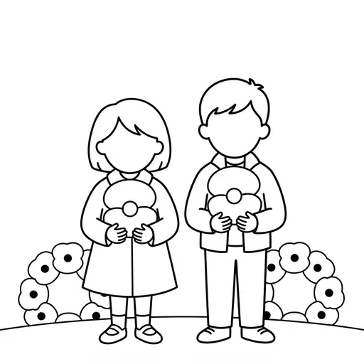 Remembrance Day Coloring Page — Children Holding Poppies In Front Of Wreaths