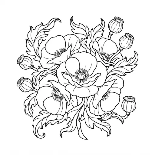 Poppy Coloring Page for Adults — Large Flowers with Seed Pods