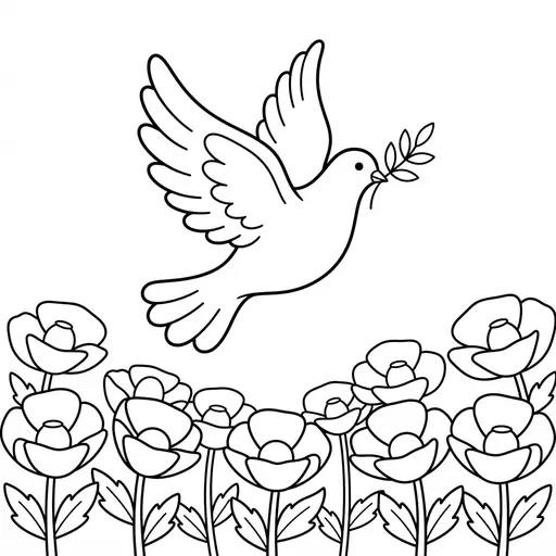 Remembrance Day Coloring Page — Dove Flying Over a Poppy Field