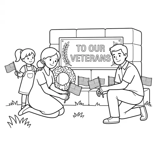 Veterans Day Coloring Page — Family Placing Flags at Memorial Wall