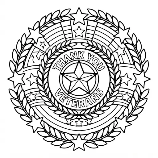Veterans Day Coloring Page for Adults — Mandala With Stars and Laurel Leaves