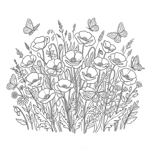 Poppy Coloring Page for Adults — Meadow of Poppies and Butterflies