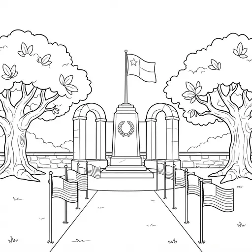 Veterans Day Coloring Page for Adults — Park With Flags and Monument