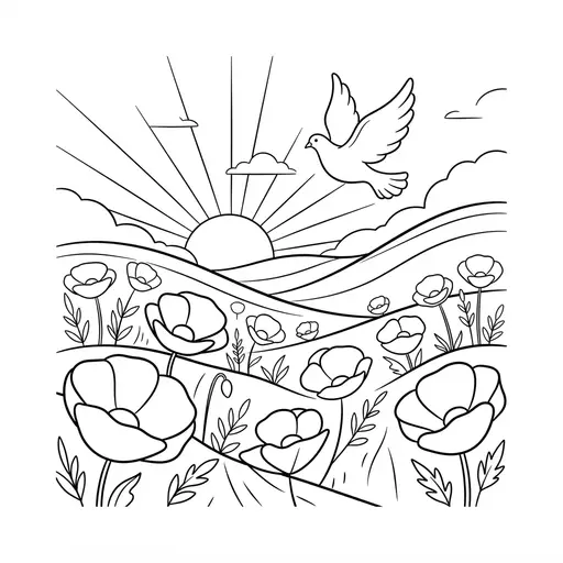 Remembrance Day Coloring Page for Adults — Dove Over a Poppy Field at Sunrise