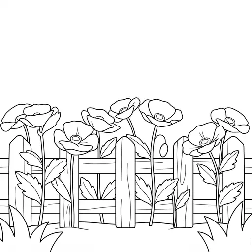 Poppy Coloring Page — Growing Along a Wooden Fence
