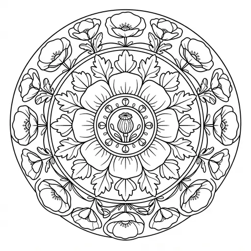 Poppy Coloring Page for Adults — Mandala With Petals and Leaves