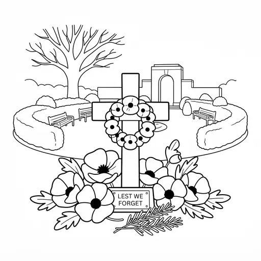 Remembrance Day Coloring Page for Adults — Cross and Poppies in Front of a Memorial Garden