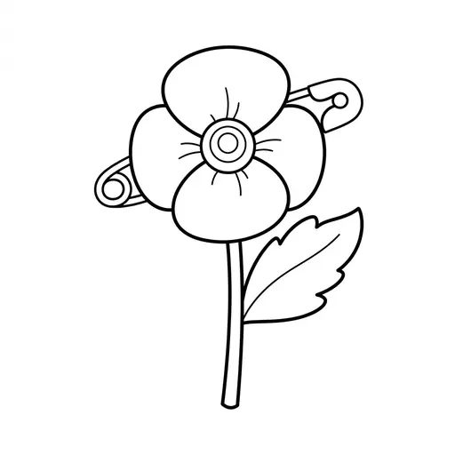 Poppy Coloring Page — Remembrance Pin with a Leaf